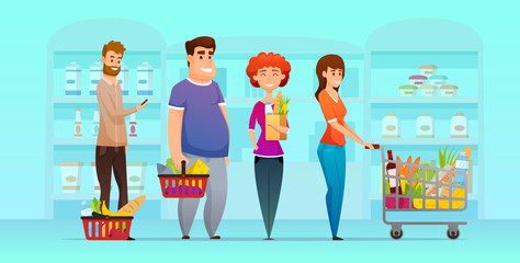 Supermarket shopping characters set.