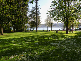 Public park with relaxing people