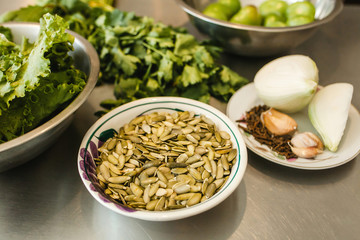 Ingredients for Mexican food pepitas, pipas, Pumpkin seeds in mexico