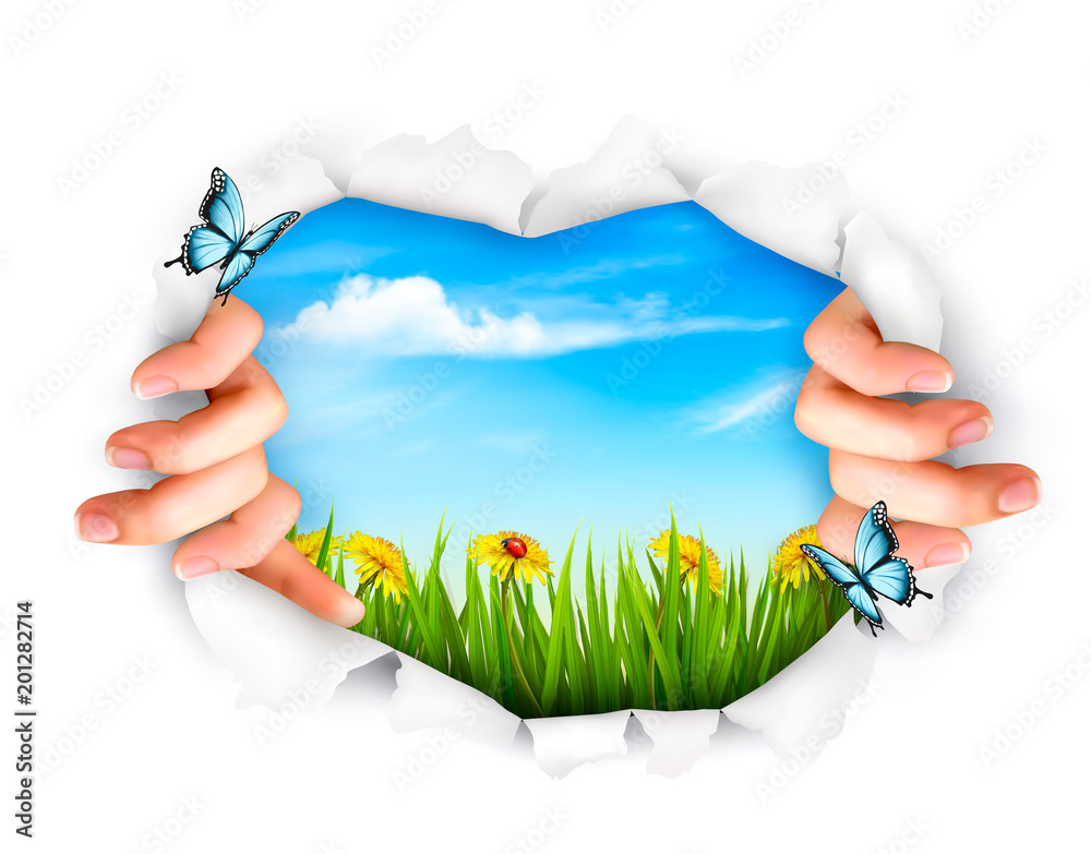 Poster nature background with hands ripping a paper. vector