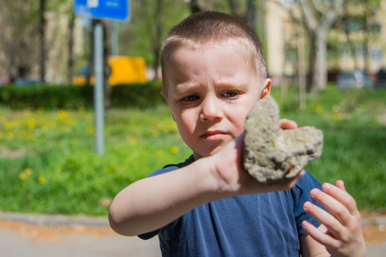 The boy is playing with a stone and a bug