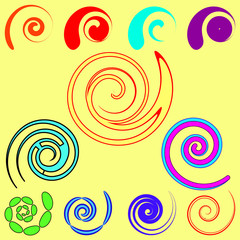 Vector set of spirals and objects from commas in different design.