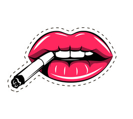 Pink lips. cigarette in mouth, isolated on white background