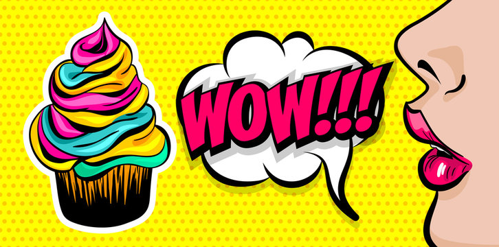 Profile face beautiful woman pop art style. Wow shocked face vintage girl cupcake. Sweet cake colored poster comic text speech bubble design. Summer kitsch dessert party advertise.