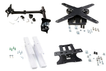 three black and one white disassembled bracket for TV on white isolated background