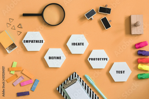 Top View Of Creative Desk With Design Thinking Project Diagram