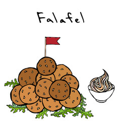 Bunch of Falafel Balls with Flag, Arugula Herb Leaves and Sauce. Middle Eastern Cuisine. Israel Vegetarian Healthy Fast Food. Jewish Street. Realistic Hand Drawn Illustration. Savoyar Doodle Style.