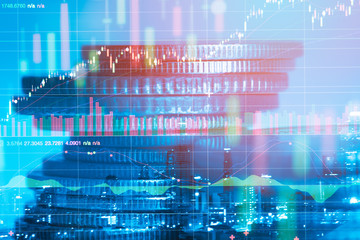 Stock data indicator analysis on financial market trade chart on LED. Concept Stock data trade