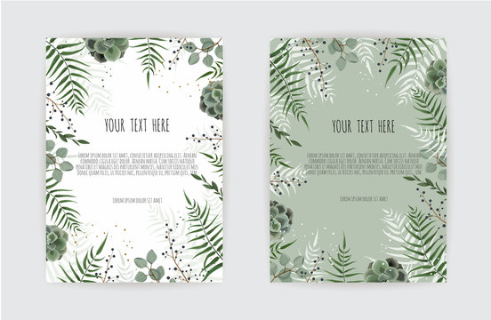 Set of card with green leaf , eucalyptus branches, decorative wreath frame pattern. Floral poster.