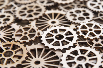 texture of wooden gears. mechanics, mechanism. Business idea concept, teamwork, strategy, cooperation