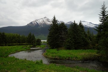 River, forest and mountains near Mendenhall Glacier, Alaska
