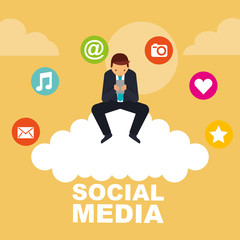 business man using smartphone sitting on cloud social media vector illustration
