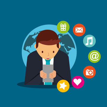 business man typing smartphone social media world vector illustration