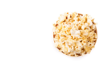 Popcorn in bowl isolated on white background.topview