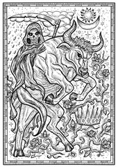 Fototapeta na wymiar Bull symbol in frame. Ox with death skeleton, crown and mystic signs. Fantasy engraved illustration for t-shirt, print, card, tattoo design. Zodiac animals of eastern calendar
