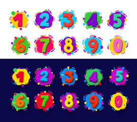 Set of Colored cartoon numbers. Vector illustration color figures 1-9 digit baby icons in the cloud. Isolated on white and blue background