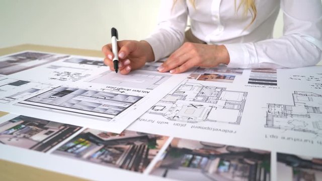 University student of Interior Design doing homework, completing housing project for final exam. 4 k