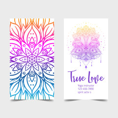 True Love. Yoga studio card design. Colorful template for spiritual retreat or pilates studio. Ornamental banners, oriental pattern over white background.