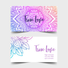 True Love. Yoga studio card design. Colorful template for spiritual retreat or pilates studio. Ornamental banners, oriental pattern over white background.