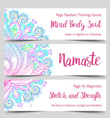 Stretch and Strength. Yoga card design. Colorful template for spiritual retreat or yoga studio. Ornamental business cards, oriental pattern.