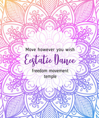Estatic Dance. Yoga card design. Colorful template for spiritual retreat or yoga studio. Ornamental business cards, oriental pattern.
