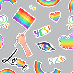 LGBT logo symbols stickers seamless pattern. Flags, hearts. Badges, pins, patches, icons in rainbow colors. Gay pride collection, accessory kit. Colorful pride designs.
