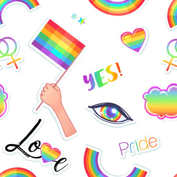 LGBT logo symbols stickers seamless pattern. Flags, hearts. Badges, pins, patches, icons in rainbow colors. Gay pride collection, accessory kit. Colorful pride designs.