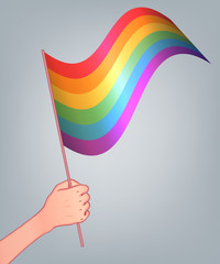 Fototapeta premium Love is Love. Human hand holding flag of LGBT community on flagstaff. Vector illustration in rainbow color for sticker, poster, patch, t-shirt, pin.