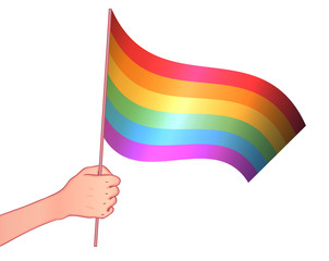 Fototapeta premium Love is Love. Human hand holding flag of LGBT community on flagstaff. Vector illustration in rainbow color for sticker, poster, patch, t-shirt, pin.