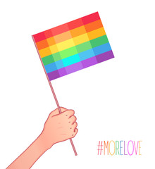 Fototapeta premium Love is Love. Human hand holding flag of LGBT community on flagstaff. Vector illustration in rainbow color for sticker, poster, patch, t-shirt, pin.