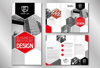 Business trifold brochure template (A4 to DL format) - modern office buildings/ skyscrapers, red graphics.