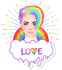 Portrait of a young pretty woman with short pixie haircut. Rainbow colored hair. LGBT concept. Vector illustration isolated on white.