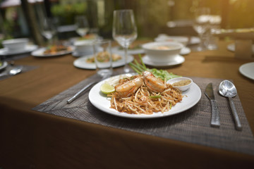 Delicious food set mixed full on the table in restaurant