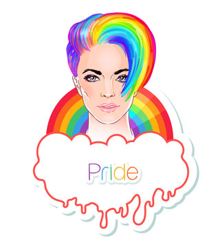 Portrait of a young pretty woman with short pixie haircut. Rainbow colored hair. LGBT concept. Vector illustration isolated on white.