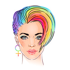 Portrait of a young pretty woman with short pixie haircut. Rainbow colored hair. LGBT concept. Vector illustration isolated on white.