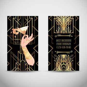 Female hand holding cocktail glass with  splash. Art deco (1920's style) vintage invitation template design for drink list, bar menu, glamour event, thematic wedding, jazz party flyer.