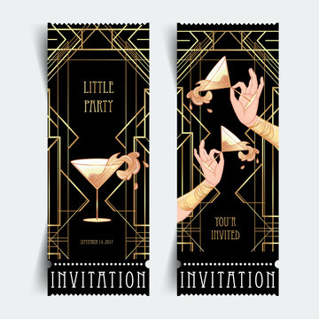 Female hand holding cocktail glass with  splash. Art deco (1920's style) vintage invitation template design for drink list, bar menu, glamour event, thematic wedding, jazz party flyer.