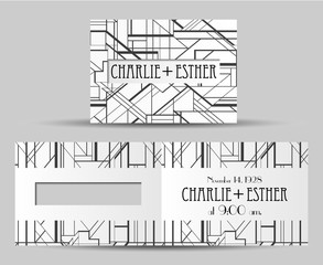 Obraz premium Art Deco vintage invitation template design. patterns and frames. Retro party geometric background set (1920's style). Vector illustration, thematic wedding or jazz party.