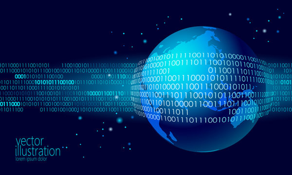 Planet Earth global data exchange binary code. Security payment personal information cyber attack blue glowing business concept world map Asia Europa Australia India China Japan vector illustration
