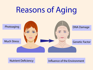 Causes of aging, vector illustration with two faces isolated