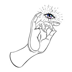 Lord Buddha's hand with eye. Isolated vector illustration of Mudra. Hindu motifs. Tattoo, yoga, spirituality, textiles. Sketchy style, hand drawn. Vintage drawing.