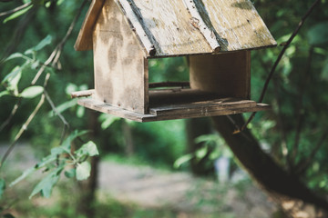 Wooden bird feeder on tree