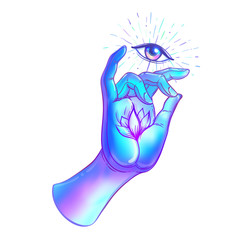Lord Buddha's hand with all-seeingl eye. Psychedelic colors. Hand drawn illustration. Invitation element. Astrology, alchemy, occult and magic symbol. Abstract cosmic.