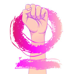 Women's March. Female hand with her fist raised up. Girl Power. Feminism concept. Realistic isolated vector illustration in pink hand drawn watercolor circle. Sticker
