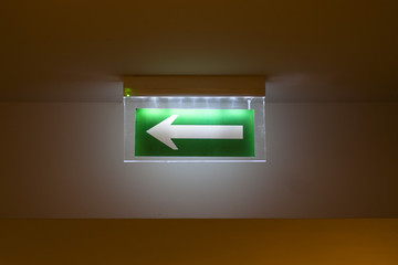 Fire exit sign and alarm for fire or smoke on the ceiling
