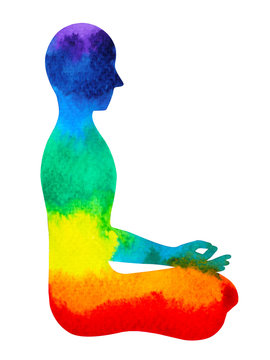 recommend clip art: 7 color chakra human lotus pose yoga, abstract world, universe inside your mind mental, watercolor painting illustration design hand drawn, clipping path