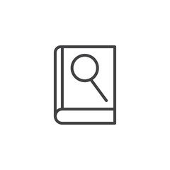 Book with magnifier outline icon. linear style sign for mobile concept and web design. Searching for knowledge simple line vector icon. Symbol, logo illustration. Pixel perfect vector graphics