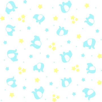 cute baby elephants seamless pattern with stars and dots on white background, design for baby boy and children