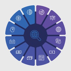 business, money, education Infographic Circle outline Icons Set. Contains such Icons as  connection, usd,  cash,  mathematics,  wealth, world,  euro,  graph and more. Fully Editable. Pixel Perfect..