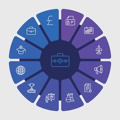 business, money, education Infographic Circle outline Icons Set. Contains such Icons as  business,  adventure, portfolio,  science,  investment,  loudspeaker and more. Fully Editable. Pixel Perfect..